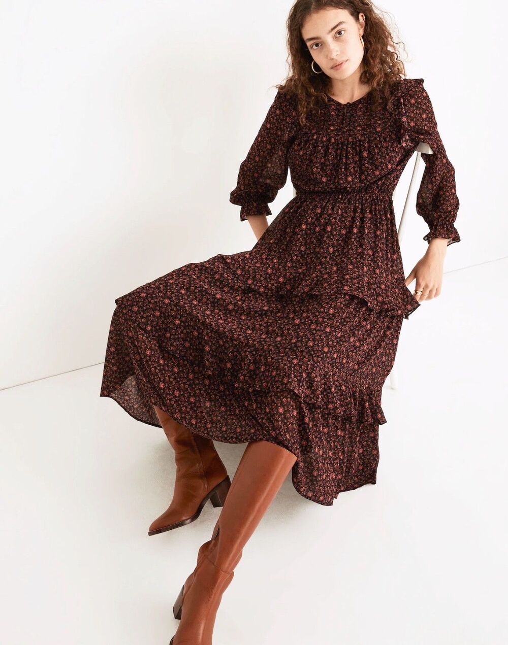 NWT $148 Madewell Georgette Tiered Ruffle Cottage Dress Purple Floral Women S